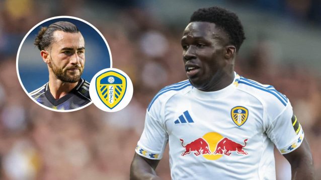 Leeds United star Wilfried Gnonto and, inset, his teammate Jack Harrison alongside the club crest