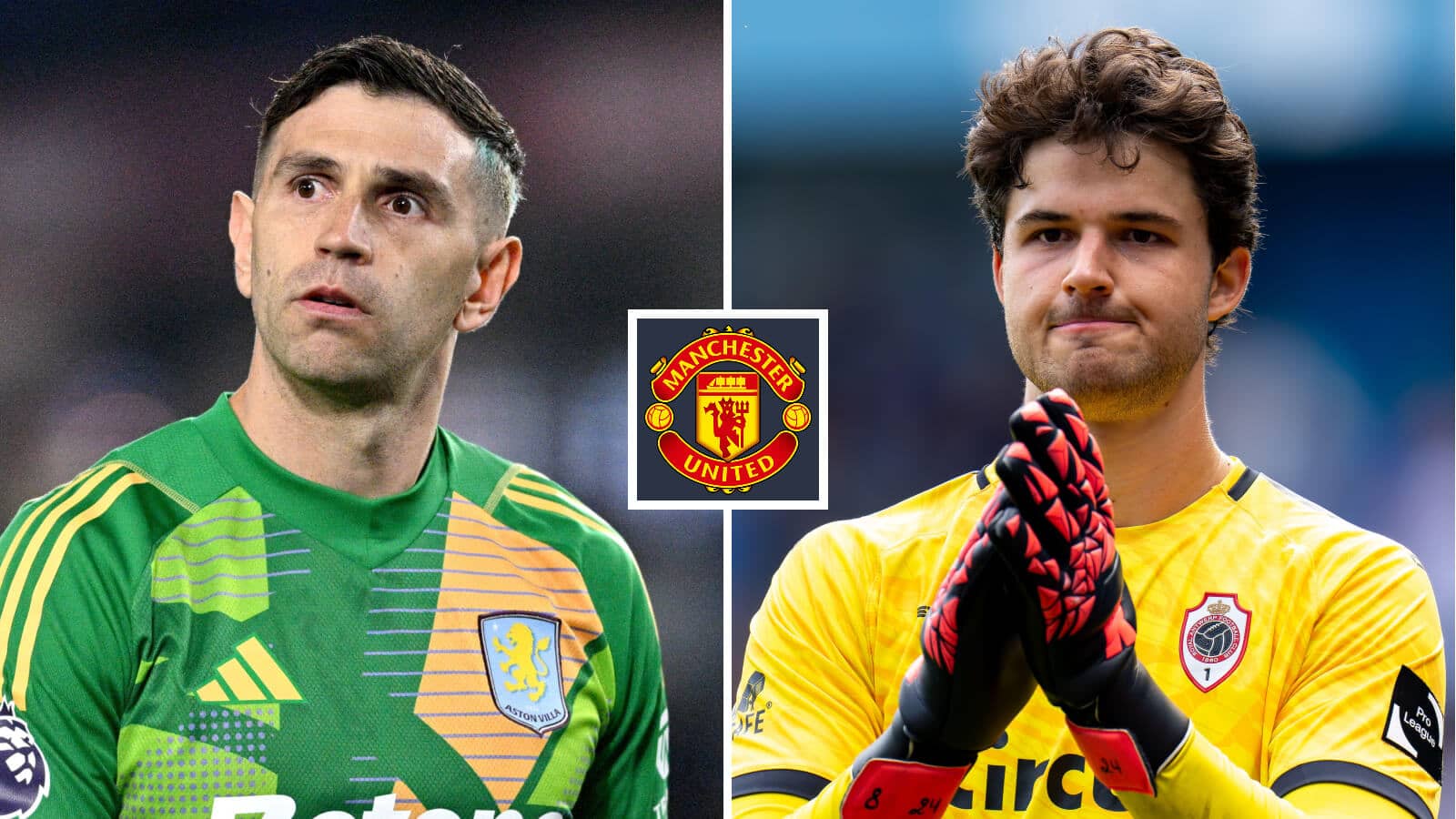 Goalkeepers Emiliano Martinez and Senne Lammens either side of the Manchester United club crest