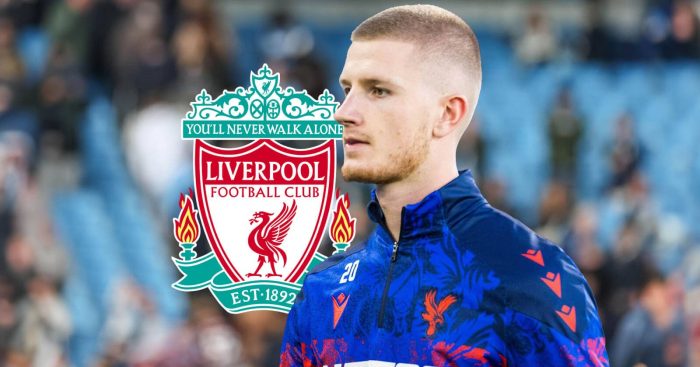 Crystal Palace midfielder Adam Wharton next to the Liverpool FC club crest