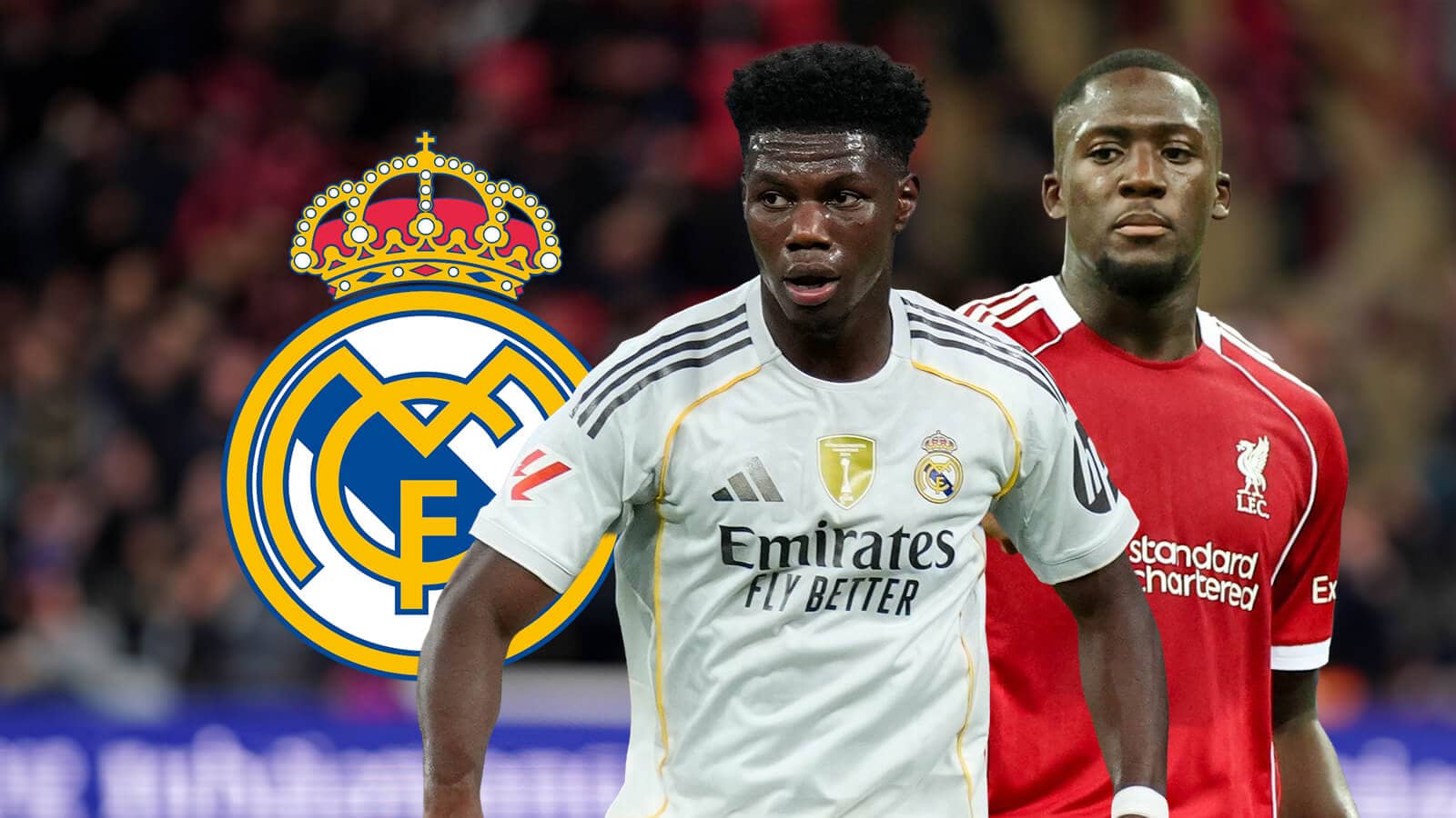 Real Madrid badge, Aurelien Tchouameni and Liverpool defender Ibrahima Konate - copyright TEAMtalk