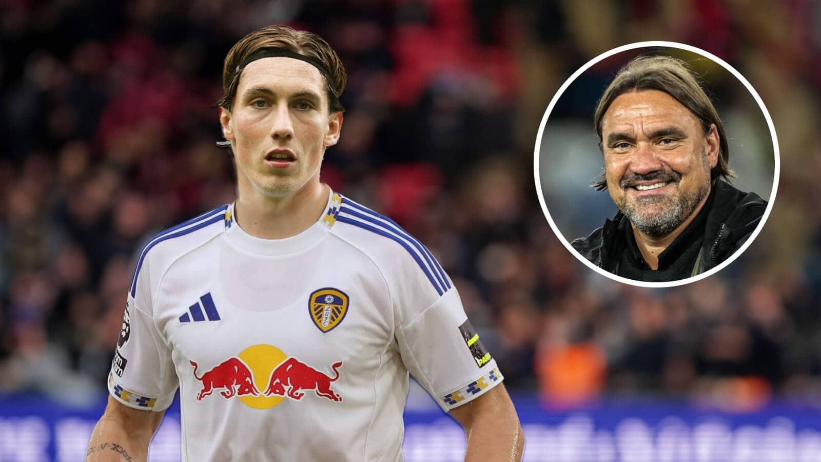 Fulham star Harry Wilson with a Leeds shirt Photoshopped on him and, inset, Leeds manager Daniel Farke