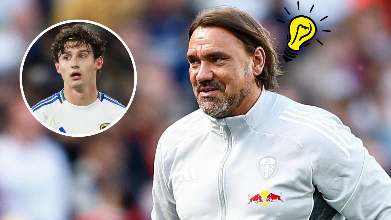 Leeds United manager Daniel Farke with a lultbulb emoji above his head and, inset, USA star Brenden Aaronson