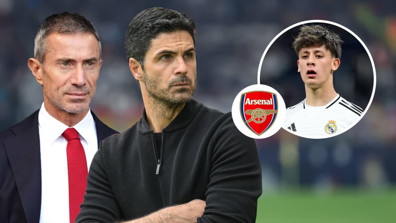 Andrea Berta, Mikel Arteta, Arsenal badge and Real Madrid star Arda Guler - copyright TEAMtalk