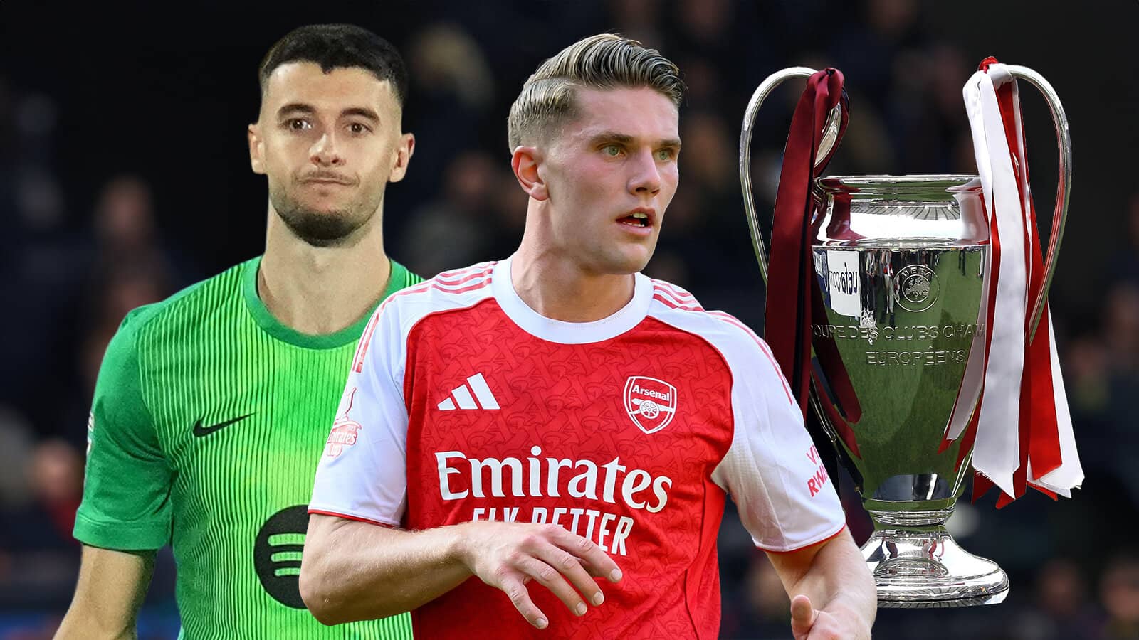 Joan Garcia, Viktor Gyokeres Champions League trophy