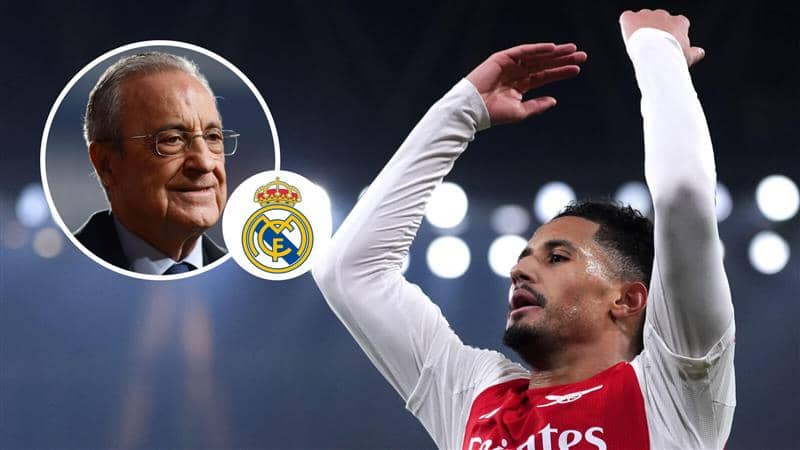 Florentino Perez, Real Madrid badge and Arsenal defender William Saliba - copyright TEAMtalk