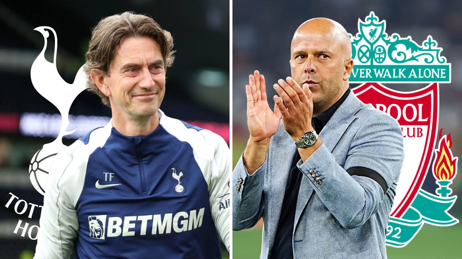 Split image of Tottenham Hotspur manager Thomas Frank next to the Tottenham badge and Liverpool boss Arne Slot next to the Liverpool badge - copyright TEAMtalk