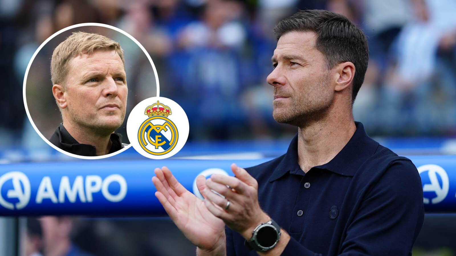 Newcastle United manager Eddie Howe, Real Madrid badge and Xabi Alonso - copyright TEAMtalk