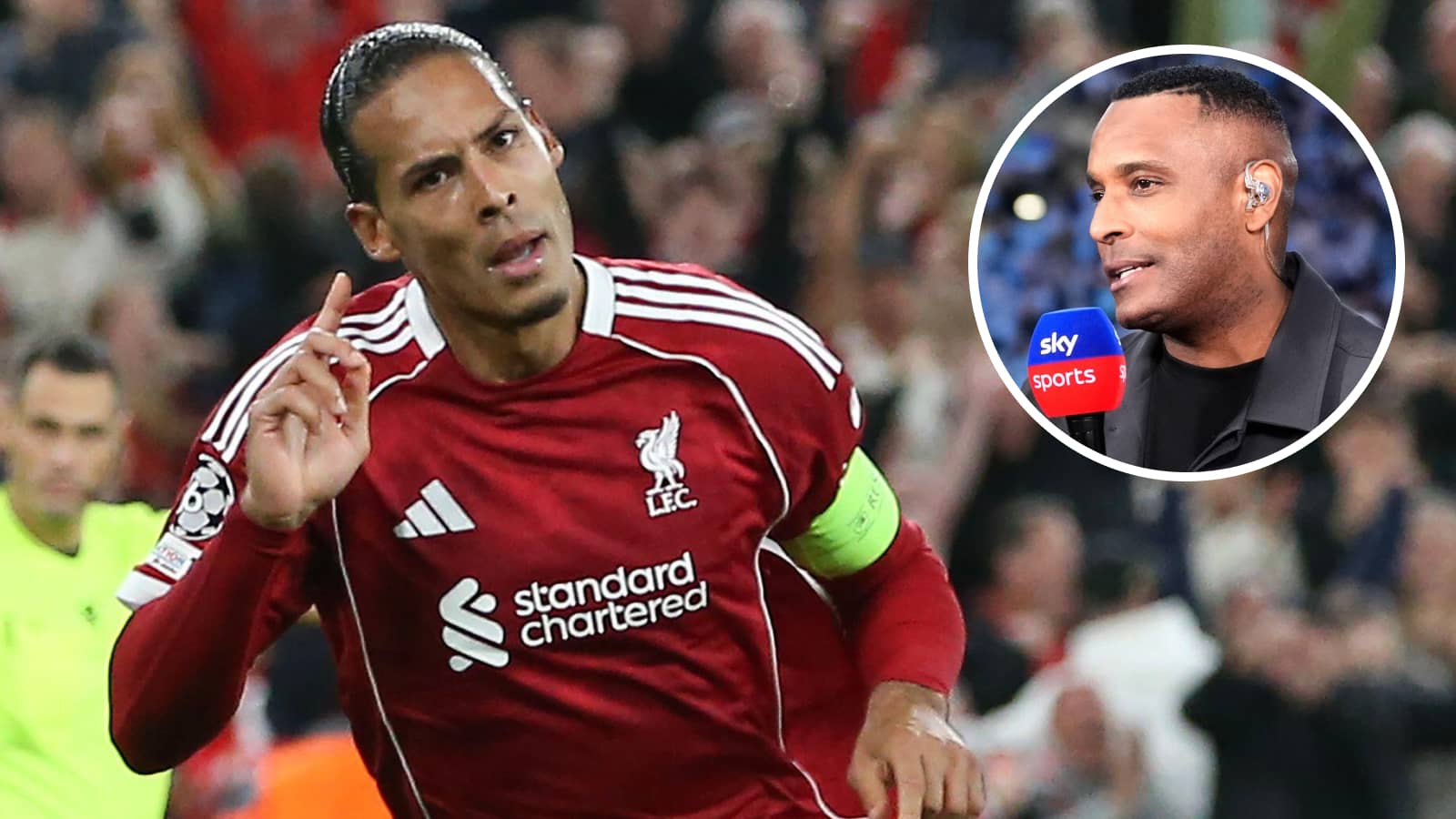 Virgil van Dijk celebrates Liverpool's late winner v Atletico Madrid and, inset, Sky Sports' Clinton Morrison