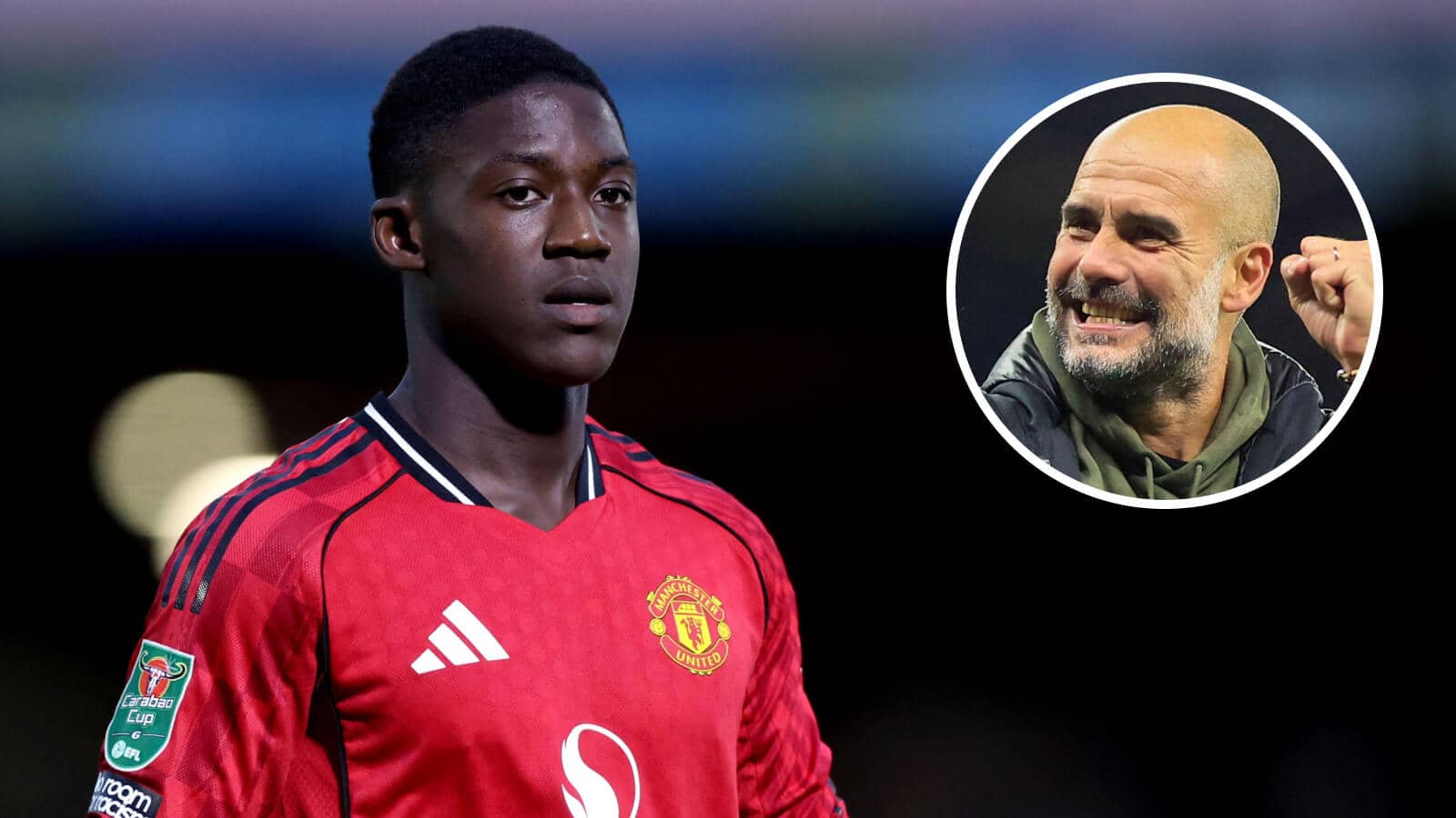 Manchester United midfielder Kobbie Mainoo and Manchester City manager Pep Guardiola - copyright TEAMtalk