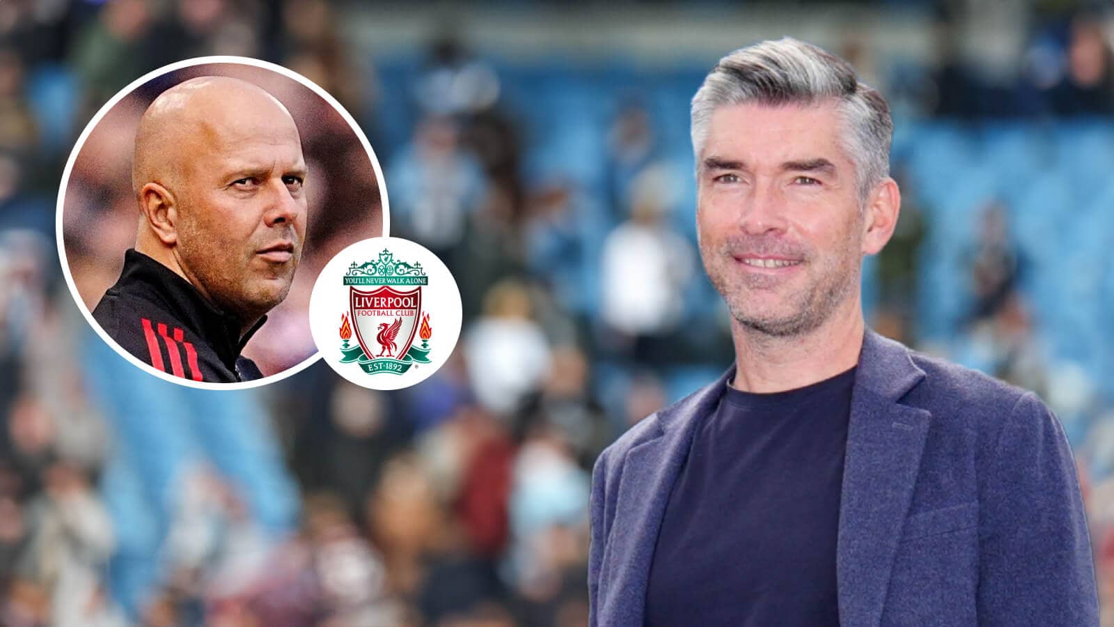 Arne Slot, Liverpool badge and Richard Hughes - copyright TEAMtalk