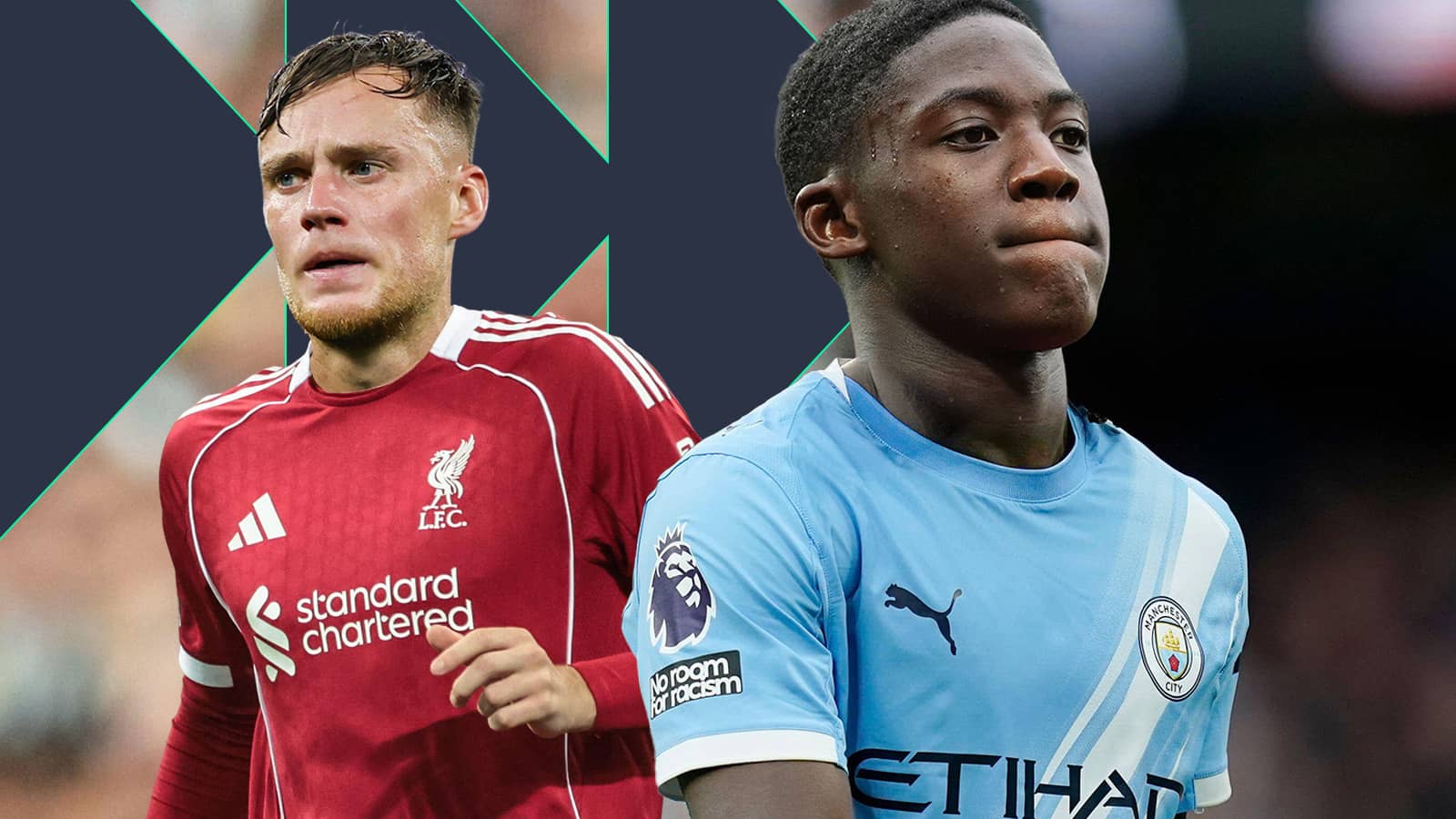 Sam Beukema in a Liverpool shirt alongside Kobbie Mainoo in a Manchester City shirt