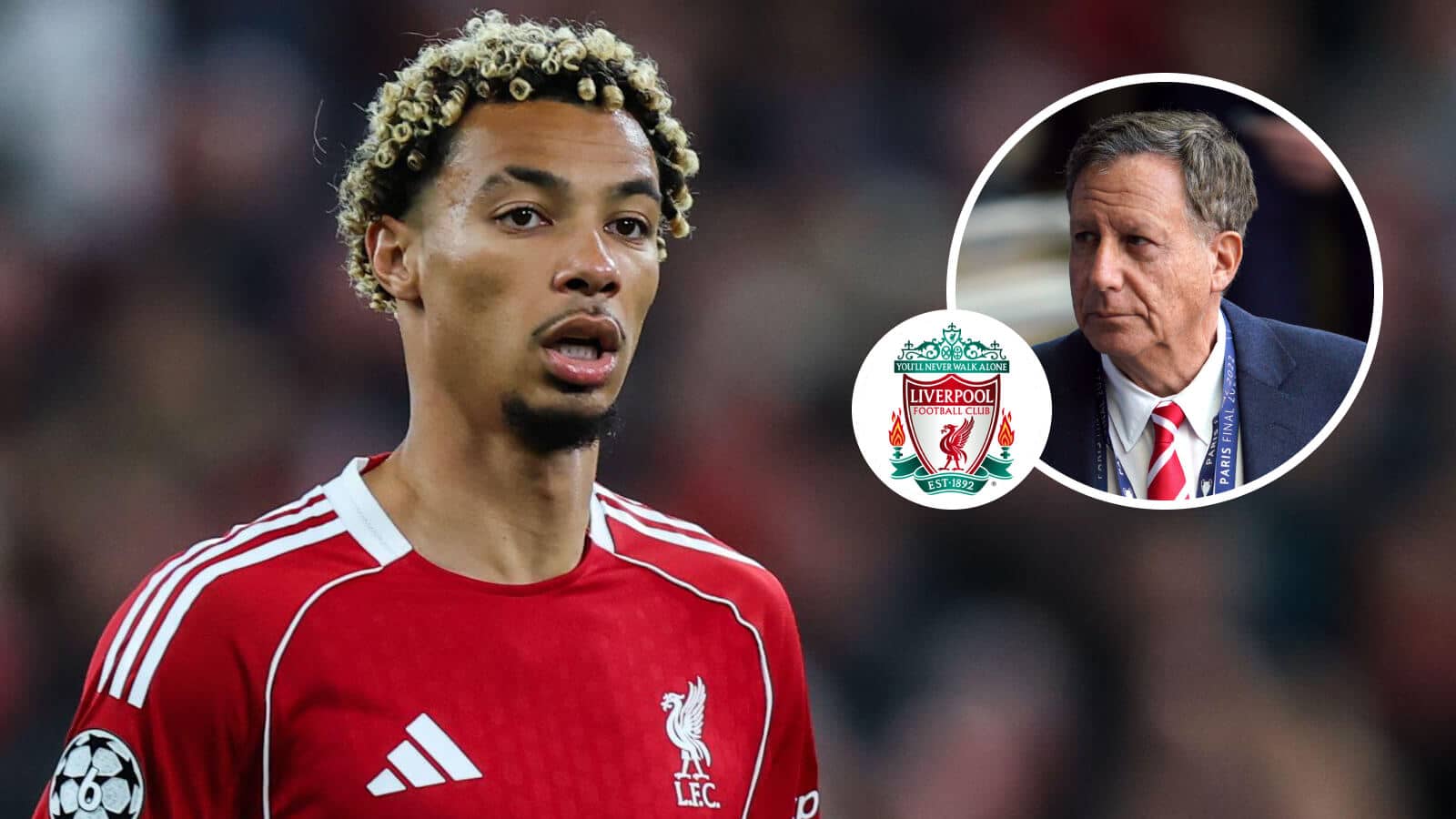 Liverpool striker Hugo Ekitike and, inset, chairman Tom Werner next to the club's crest