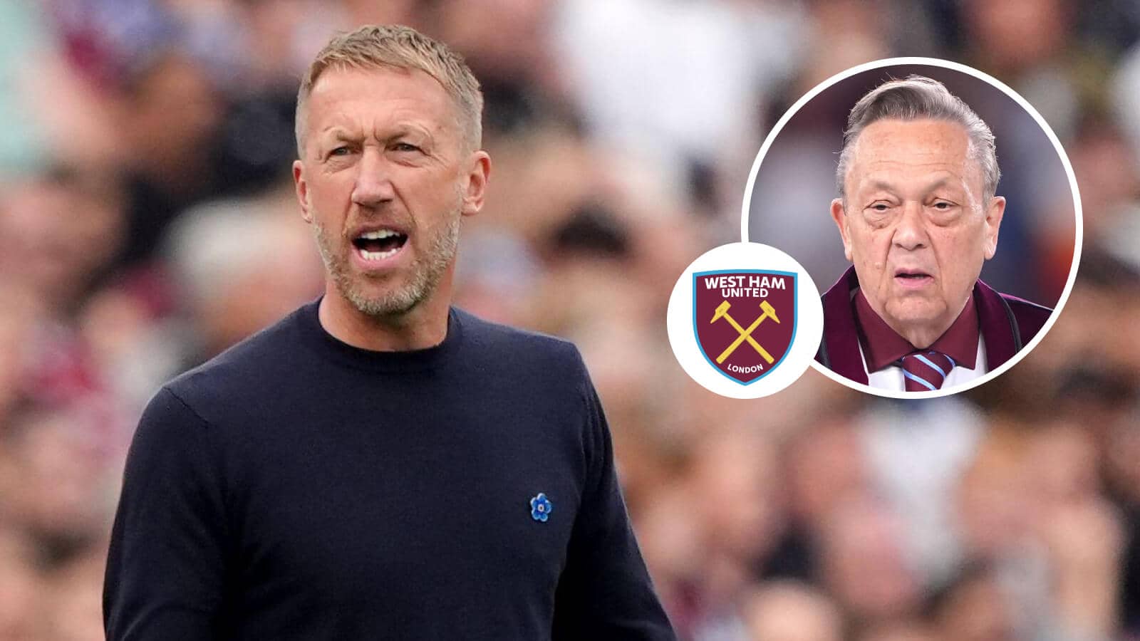 Graham Potter, West Ham United badge and David Sullivan - copyright TEAMtalk