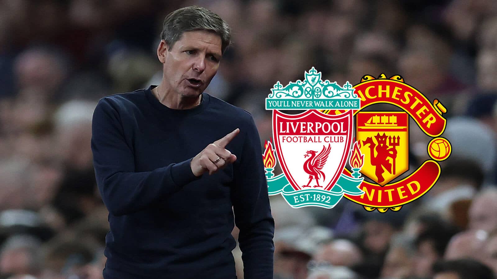 Crystal Palace manager Oliver Glasner, alongside Liverpool and Manchester United badges