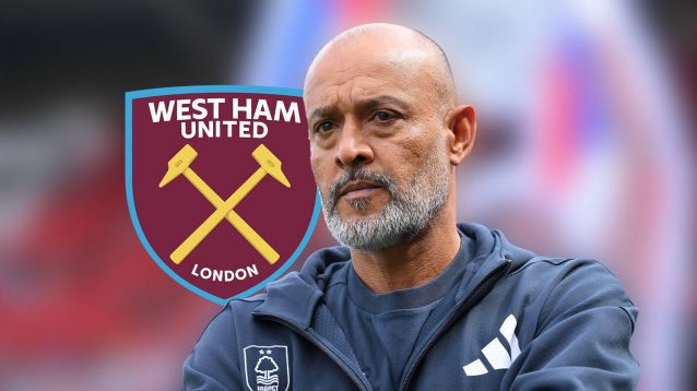 Nuno Espirito Santo pictured next to the West Ham club crest