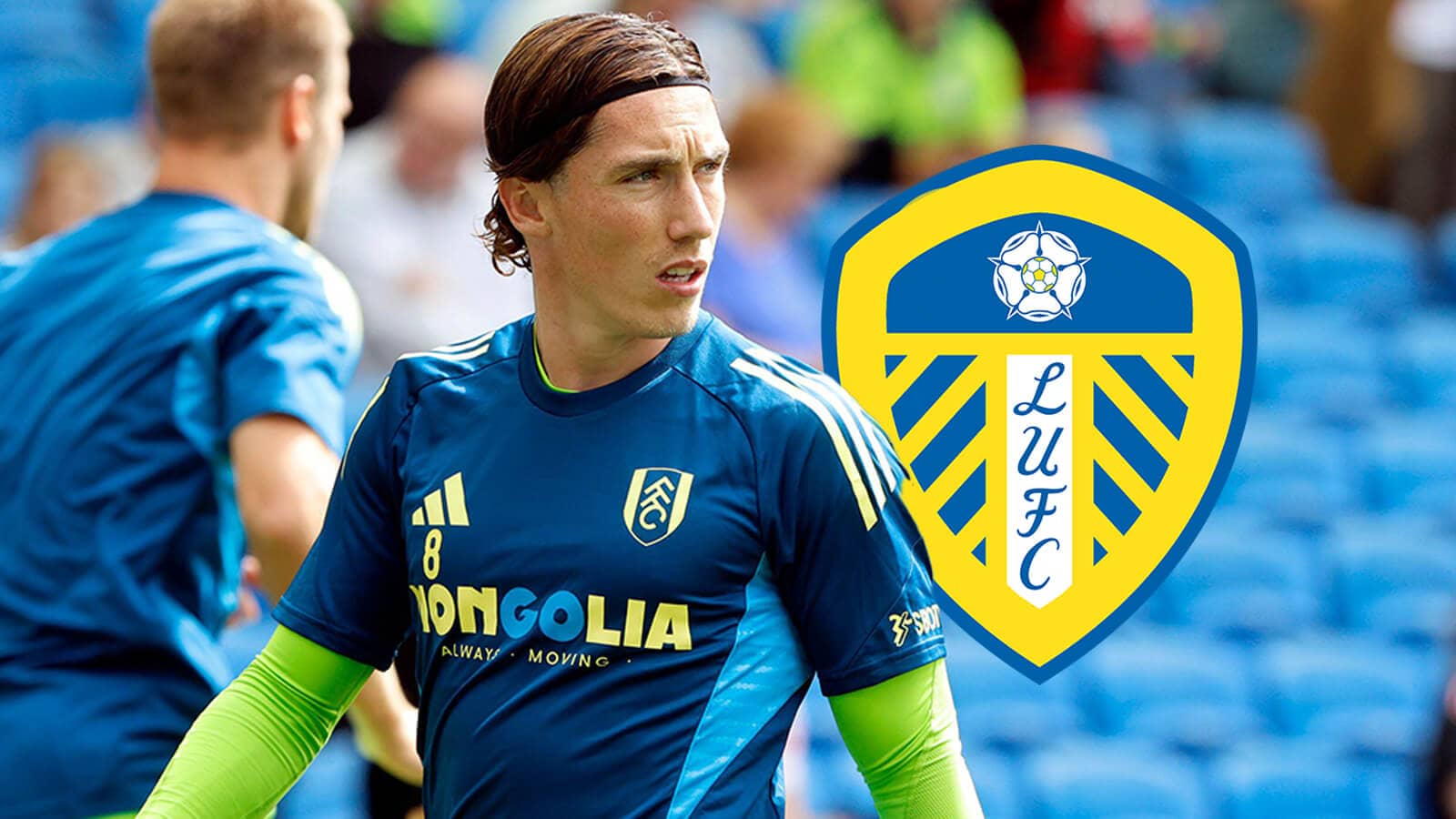 Fulham star Harry Wilson next to the Leeds United badge
