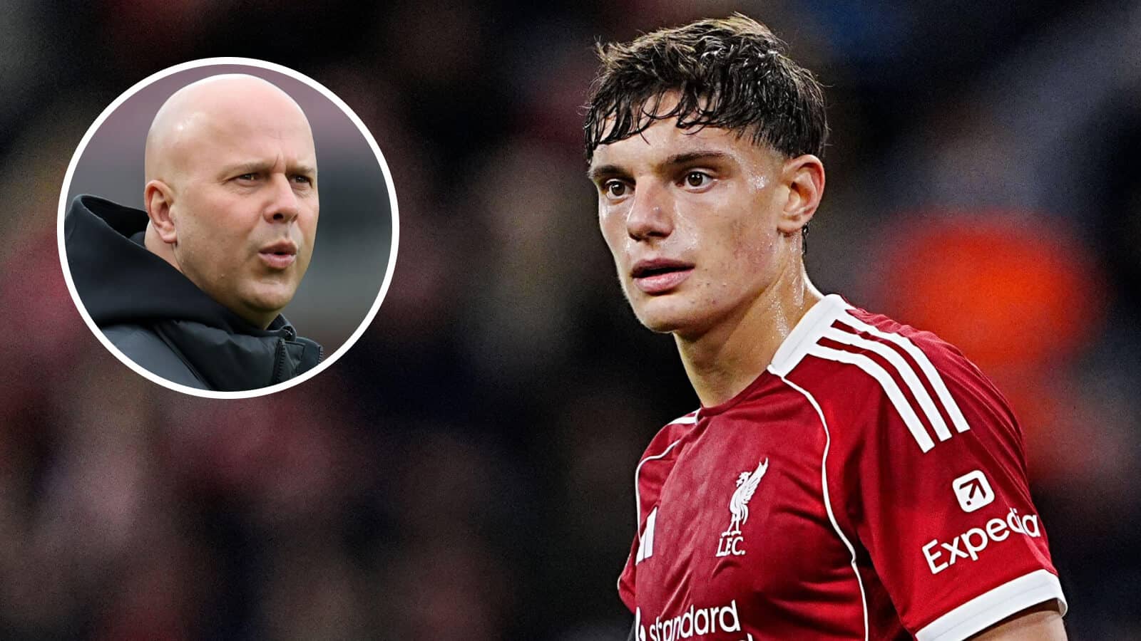 Liverpool's teenage defender A serious injury to Liverpool defender Giovanni Leoni and, inset, manager Arne Slot