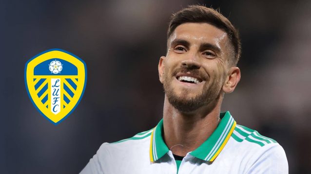 The Leeds United badge and Roma player Lorenzo Pellegrini