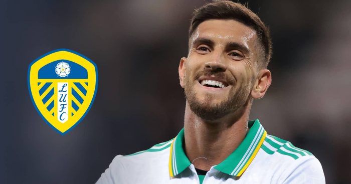 The Leeds United badge and Roma player Lorenzo Pellegrini