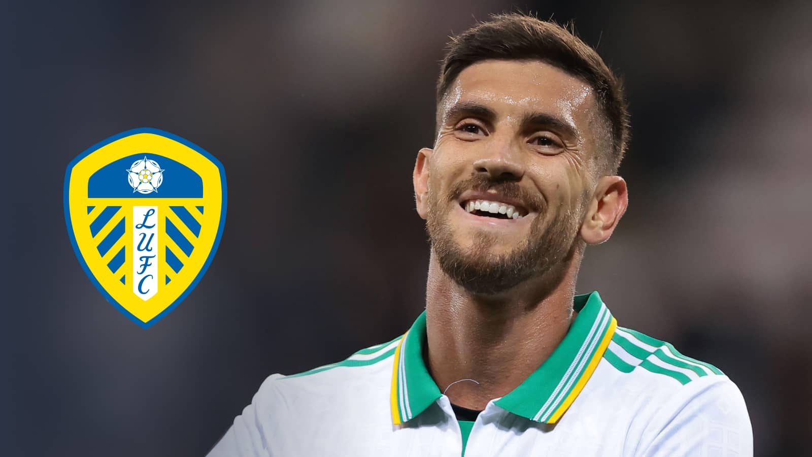 The Leeds United badge and Roma player Lorenzo Pellegrini