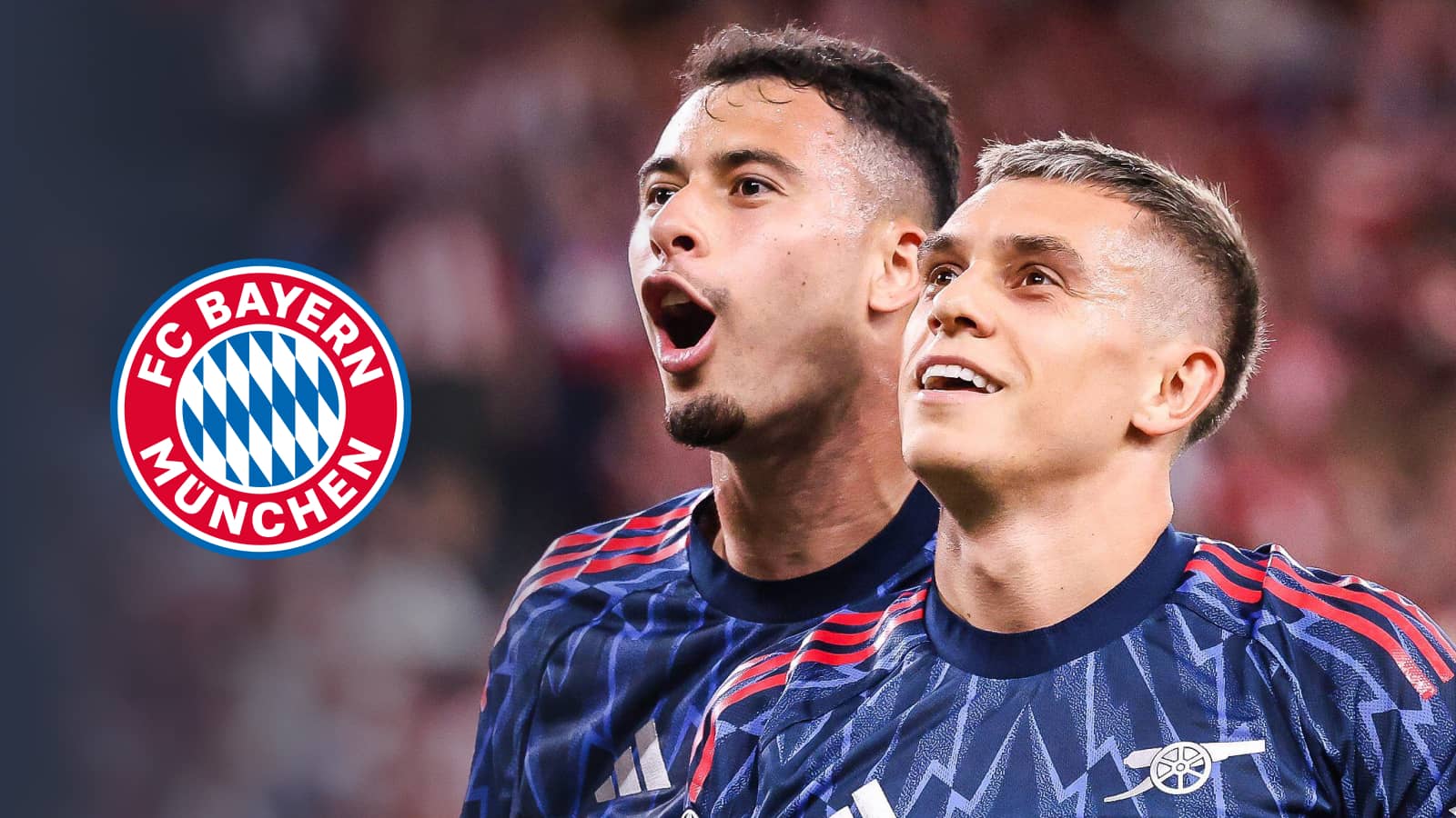 Bayern Munich badge, Gabriel Martinelli and Leandro Trossard