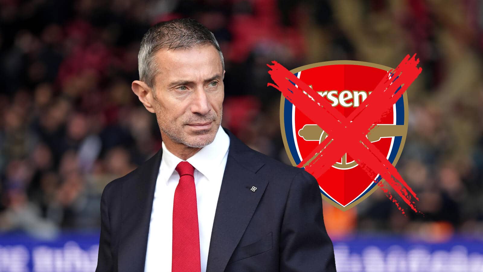 Arsenal sporting director Andrea Berta next to a crossed out Arsenal badge - copyright TEAMtalk