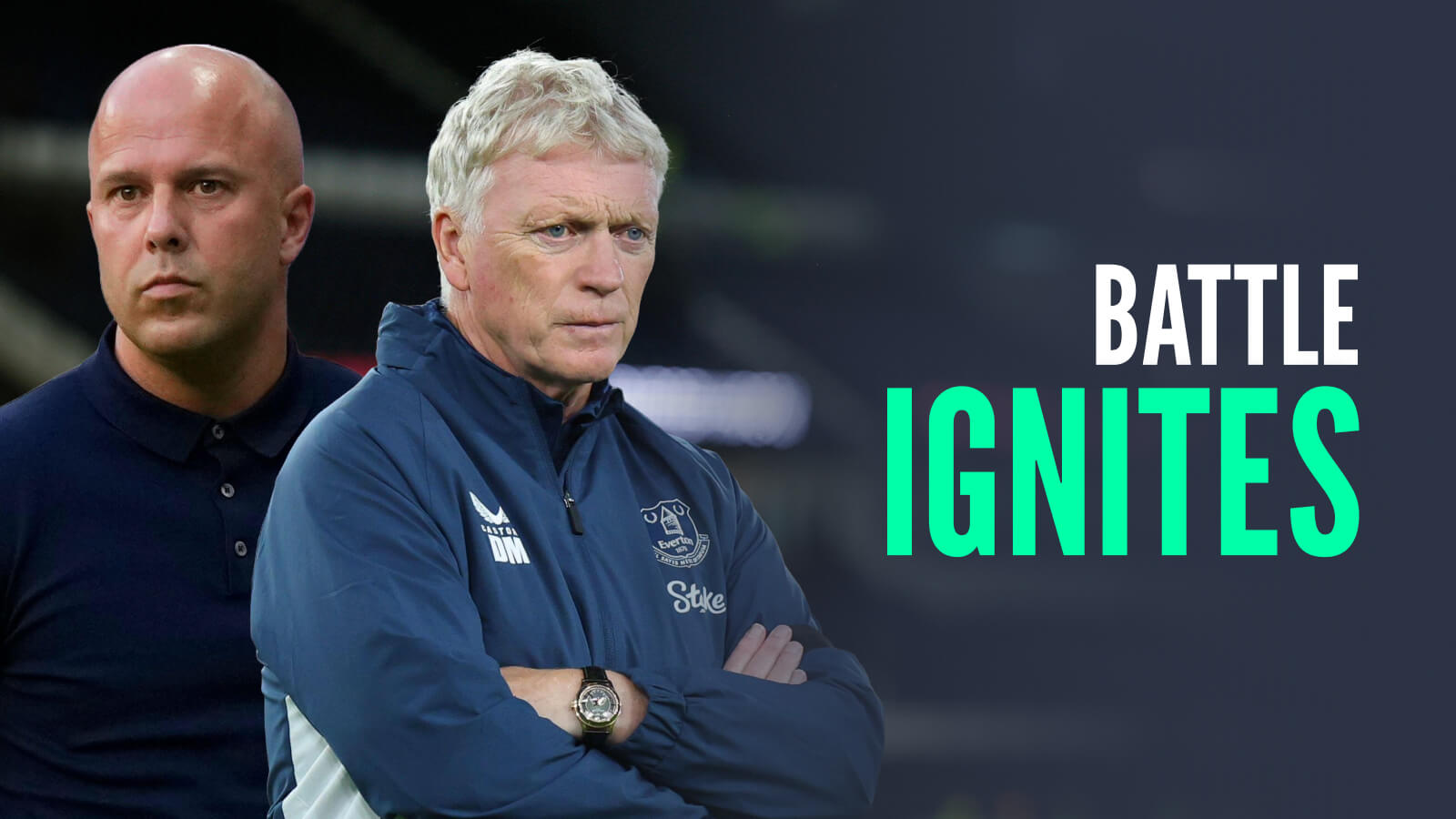 Everton manager David Moyes and Liverpool boss Arne Slot, with caption: Battle ignites