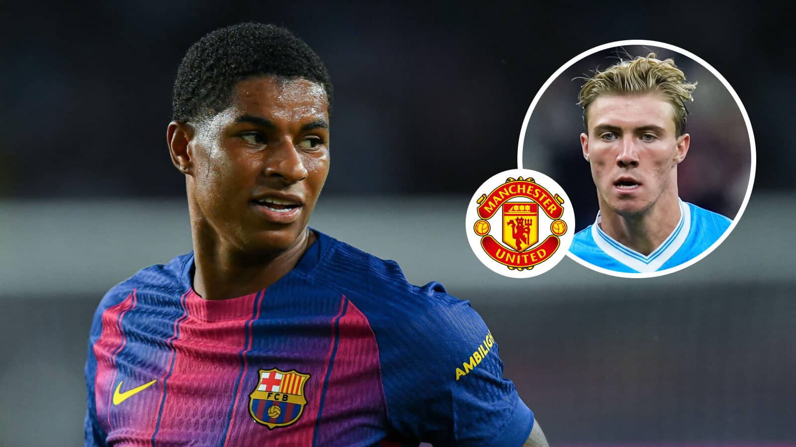 Marcus Rashford in a Barcelona shirt, Manchester United badge and Napoli striker Rasmus Hojlund - copyright TEAMtalk