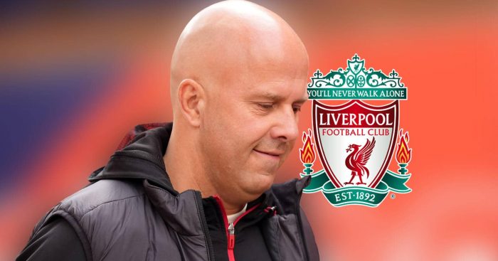 Liverpool manager Arne Slot next to the club crest - image copyright of TEAMtalk