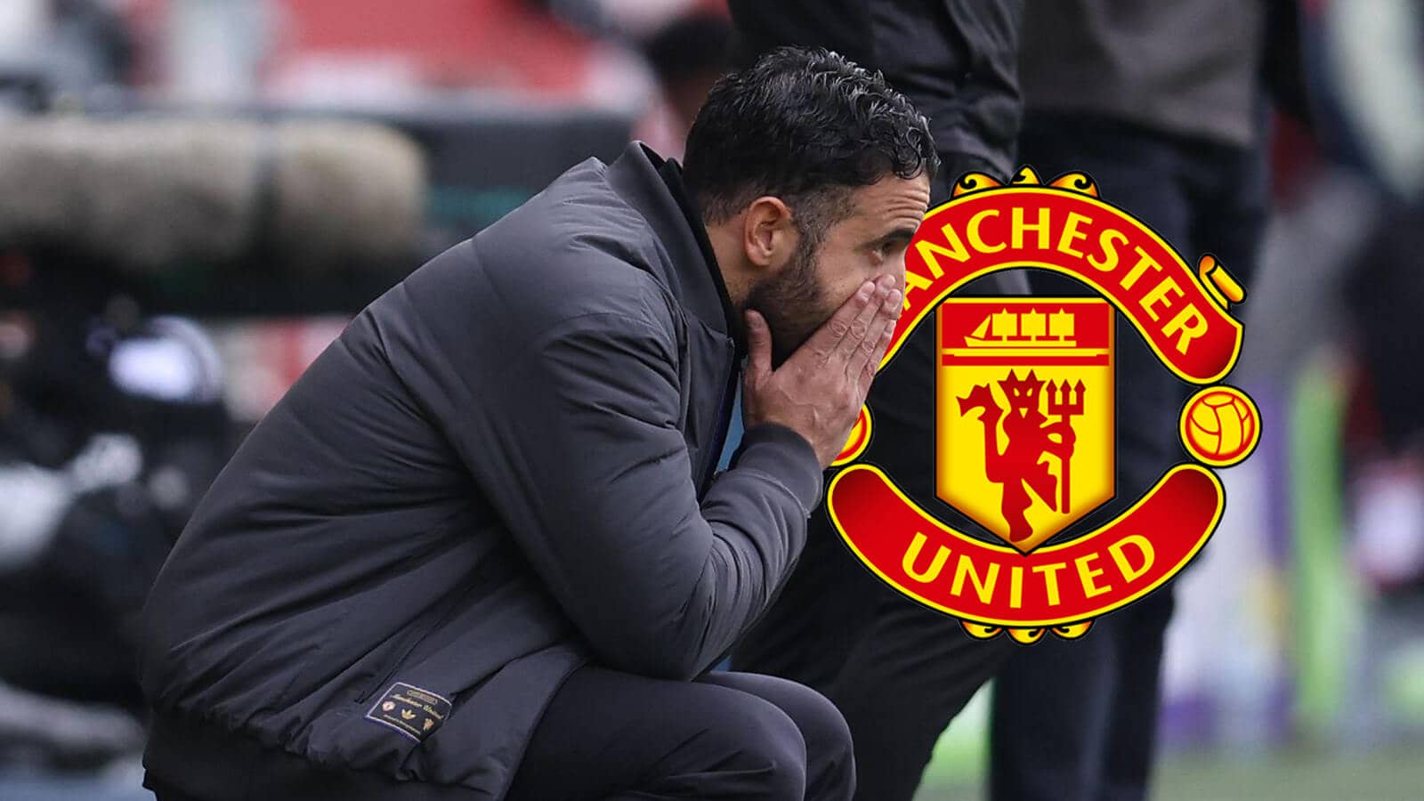 A downbeat Ruben Amorim next to the Manchester United club crest - image copyright of TEAMtalk