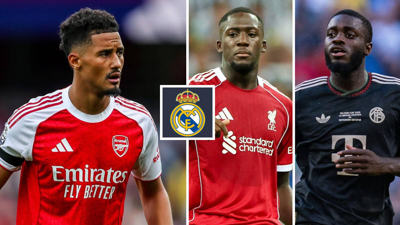 William Saliba Ibrahima Konate Dayot Upamecano and the Real Madrid badge