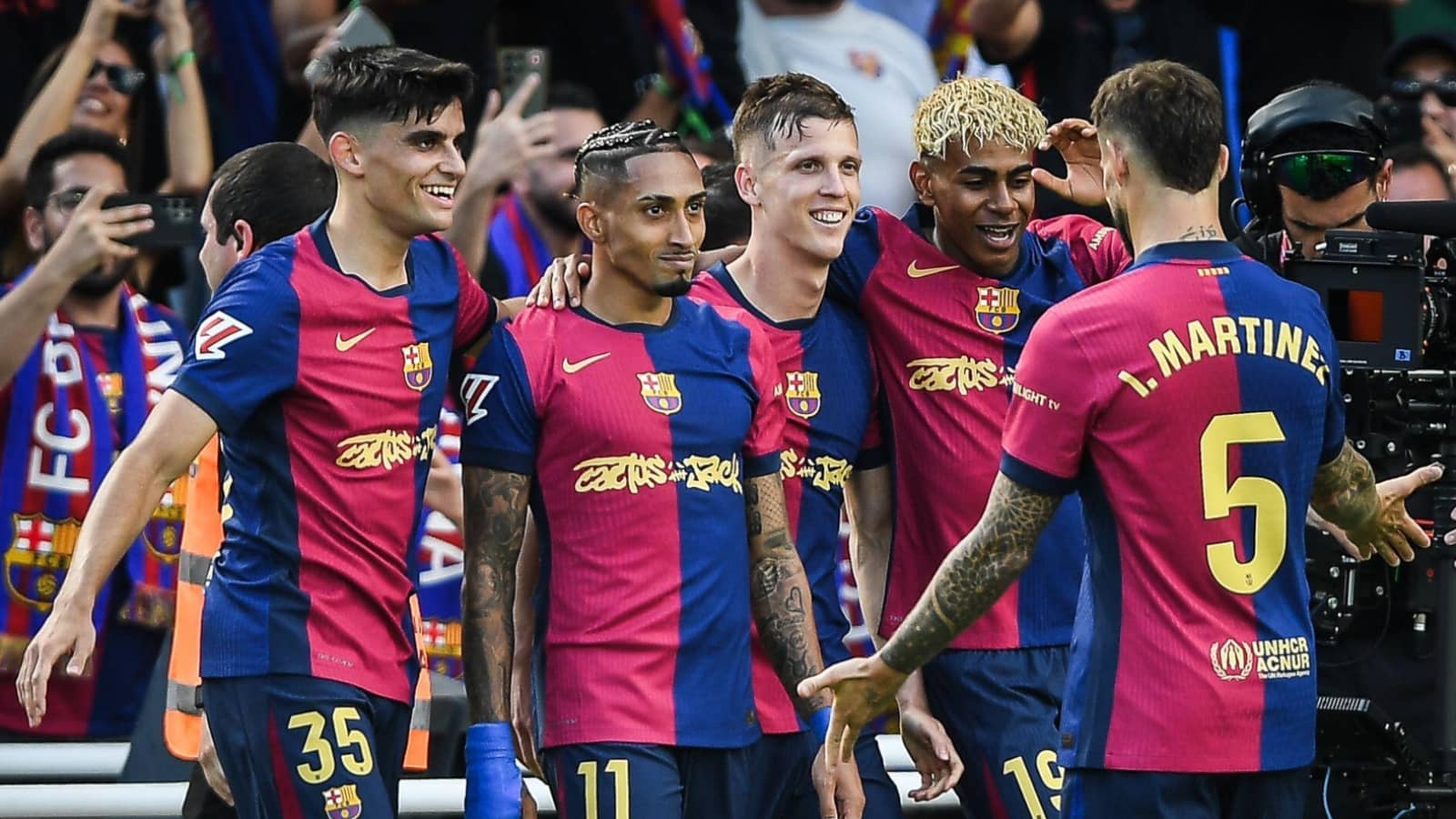 Dani Olmo celebrates Barcelona goal with team-mates
