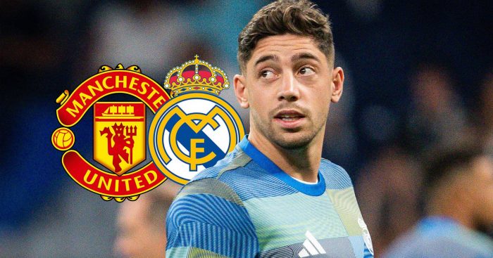 Federico Valverde next to the Real Madrid and Manchester United badges - copyright TEAMtalk