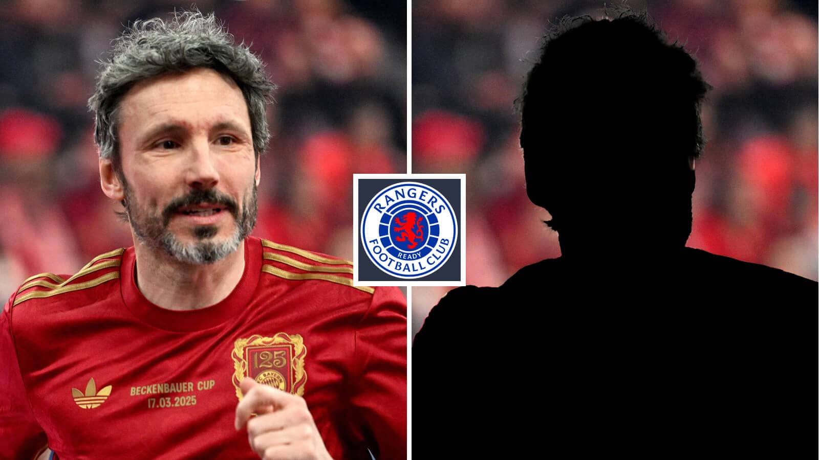 Split image of Mark van Bommel and a shadow with the Rangers badge between them - copyright TEAMtalk