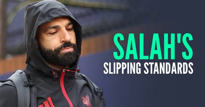 Liverpool star Mo Salah looking downbeat and next to the words 'Salah's slipping standards'