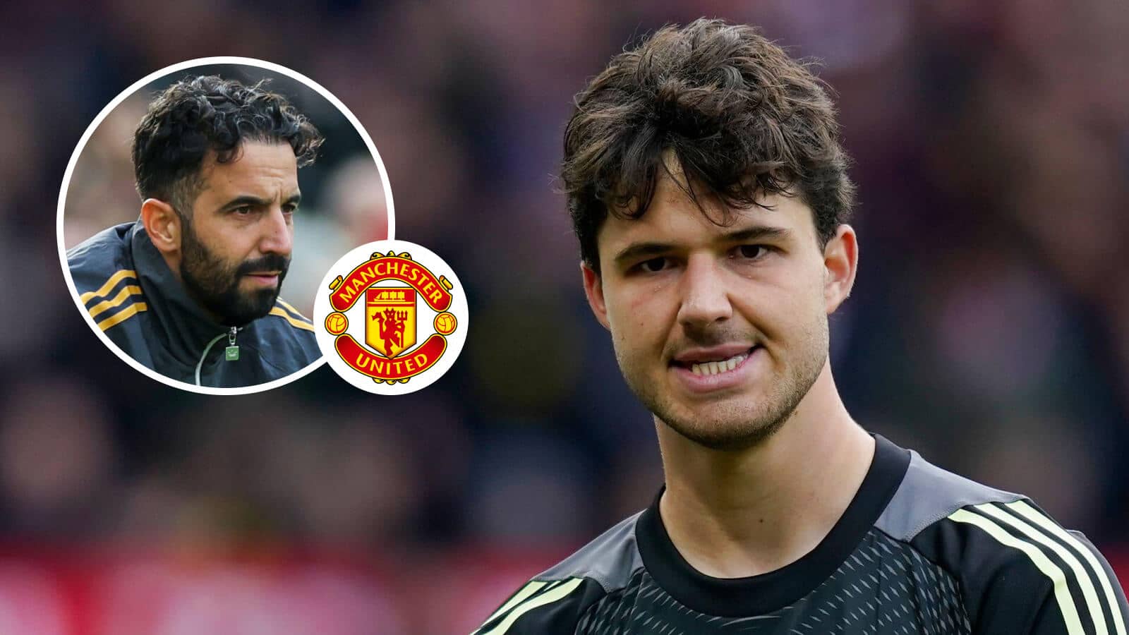 Manchester United goalkeeper Senne Lammens and, inset, Man Utd boss Ruben Amorim alongside the club crest