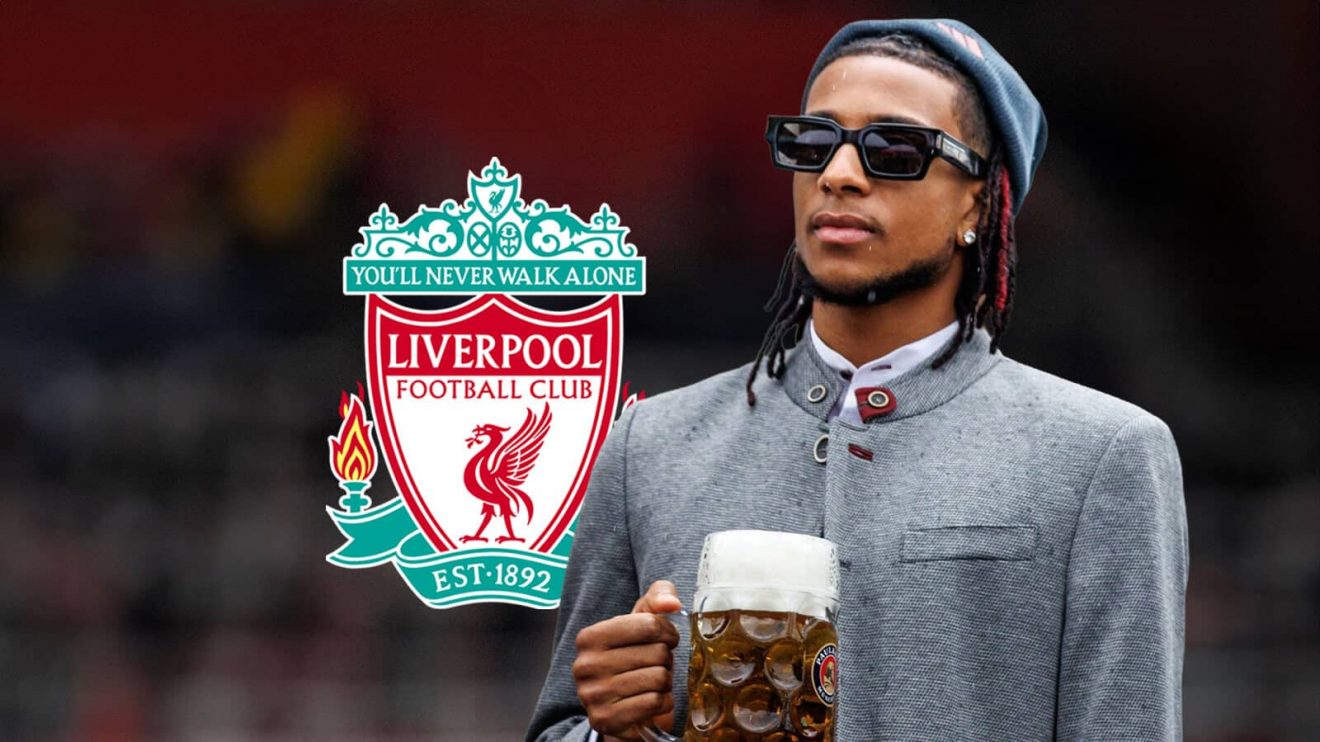Bayern Munich star Michael Olise, dressed for Oktoberfest, next to the Liverpool club crest