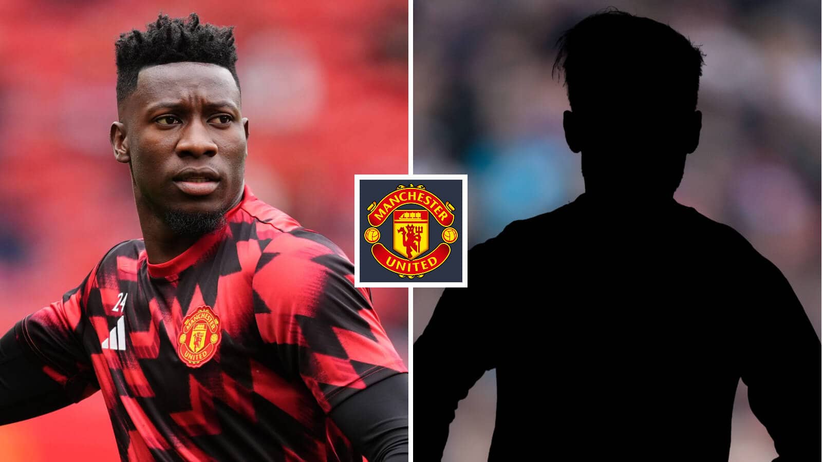 Split image of Manchester United goalkeeper Andre Onana and a shawdow with the Man Utd badge between them - copyright TEAMtalk