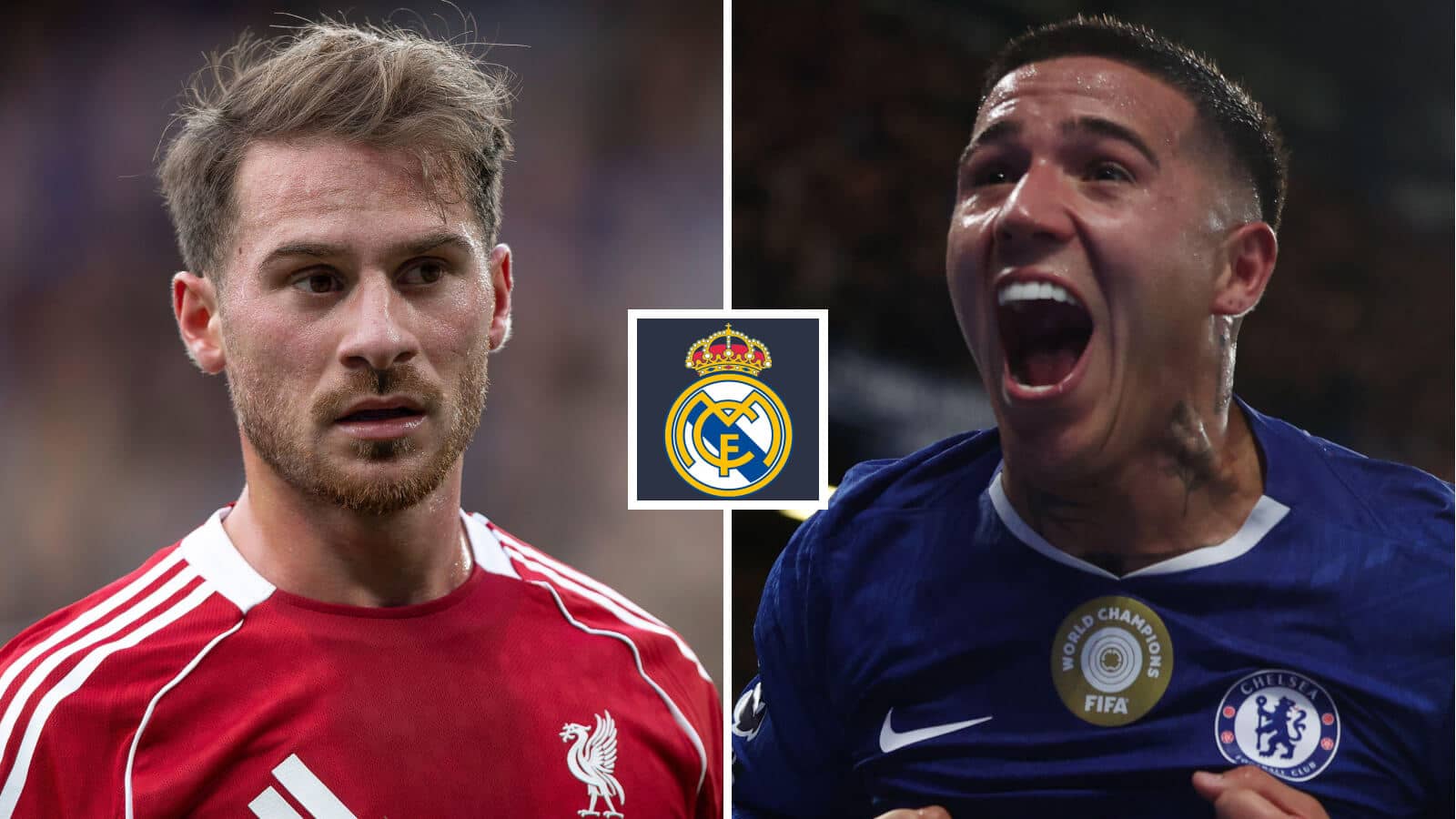 Split image of Liverpool midfielder Alexis Mac Allister and Chelsea midfielder Enzo Fernandez with the Real Madrid between them - copyright TEAMtalk