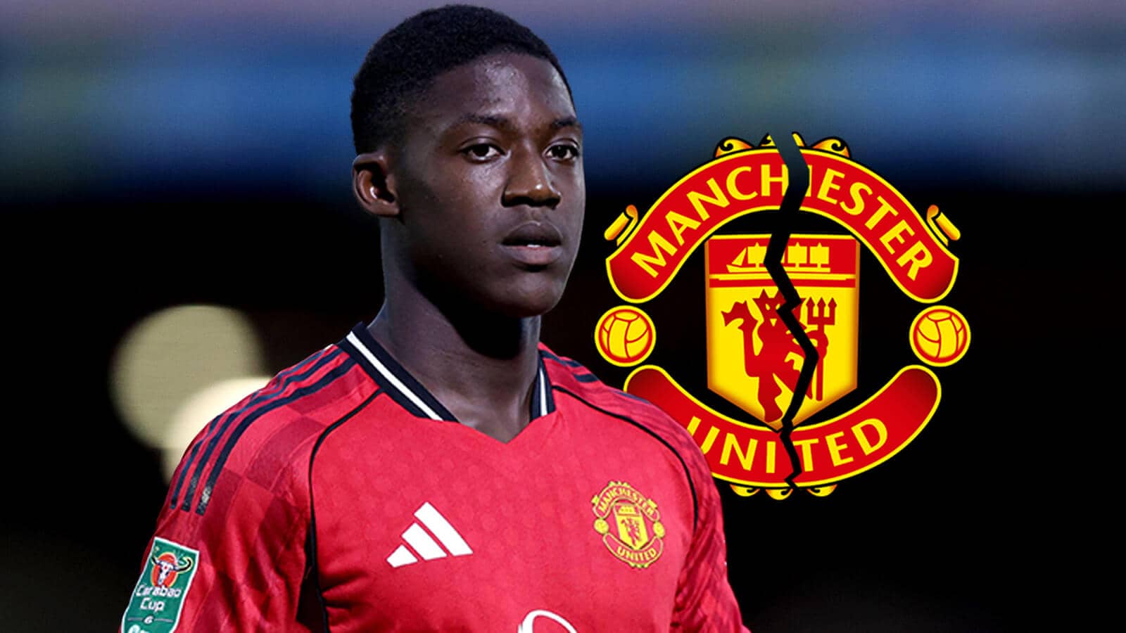 Kobbie Mainoo alongside a cracked Manchester United badge