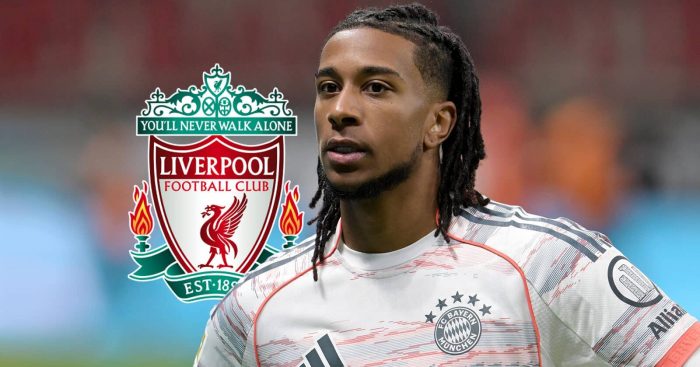 Bayern Munich star Michael Olise next to the Liverpool club crest amid persistent links to the Merseyside club