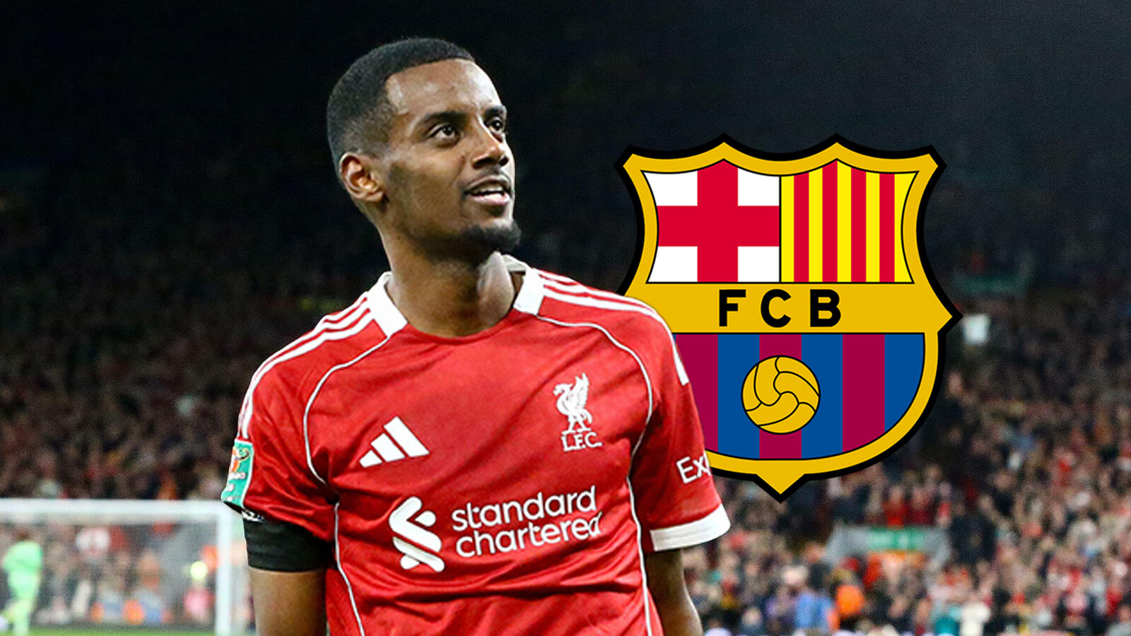 Liverpool striker Alexander Isak, Barcelona badge