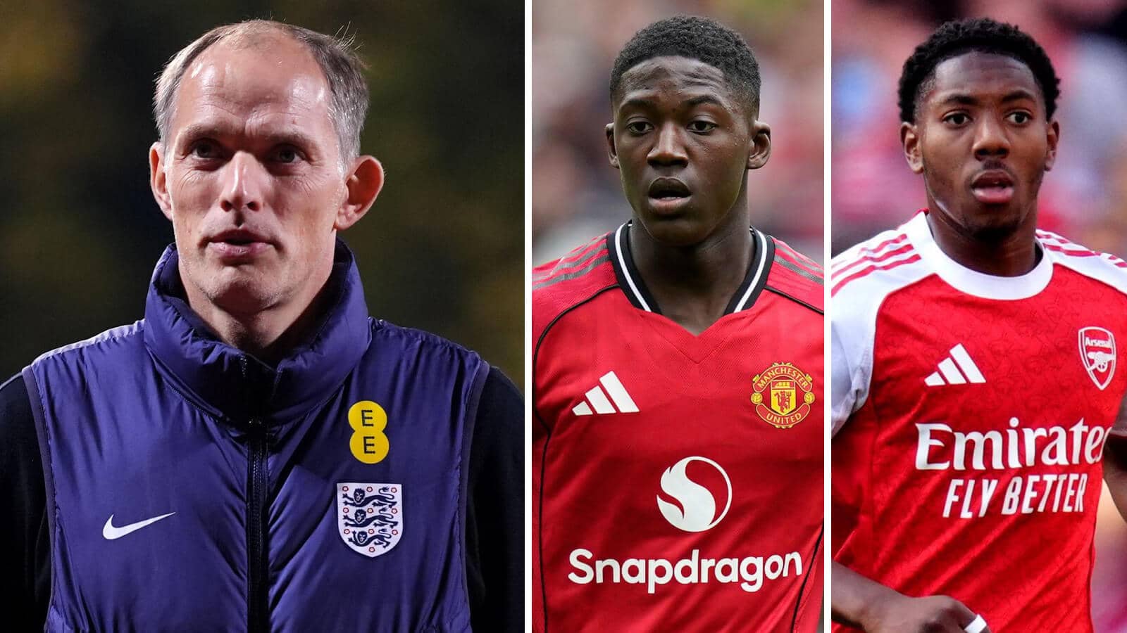Thomas Tuchel, Kobbie Mainoo and Myles Lewis-Skelly
