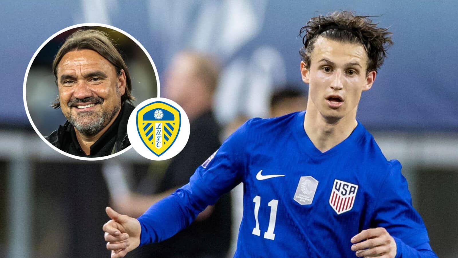 Leeds and USA star Brenden Aaronson and, inset, Leeds United manager Daniel Farke alongside the club crest