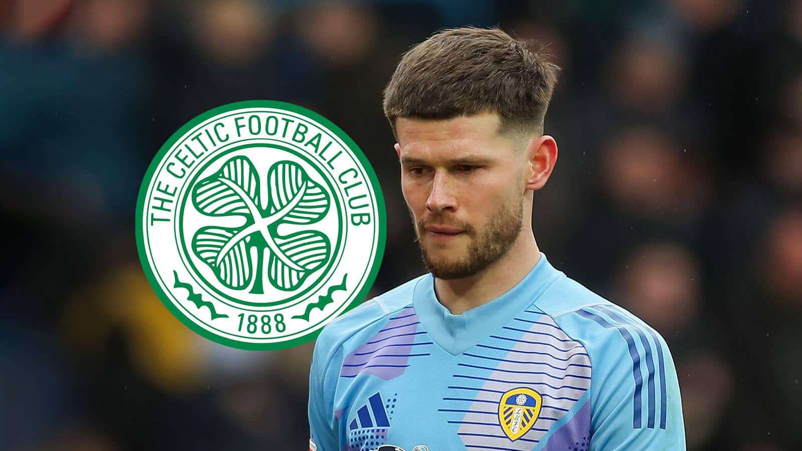 Leeds goalkeeper Illan Meslier next to the Celtic club crest with the Scottish giants keen on a move
