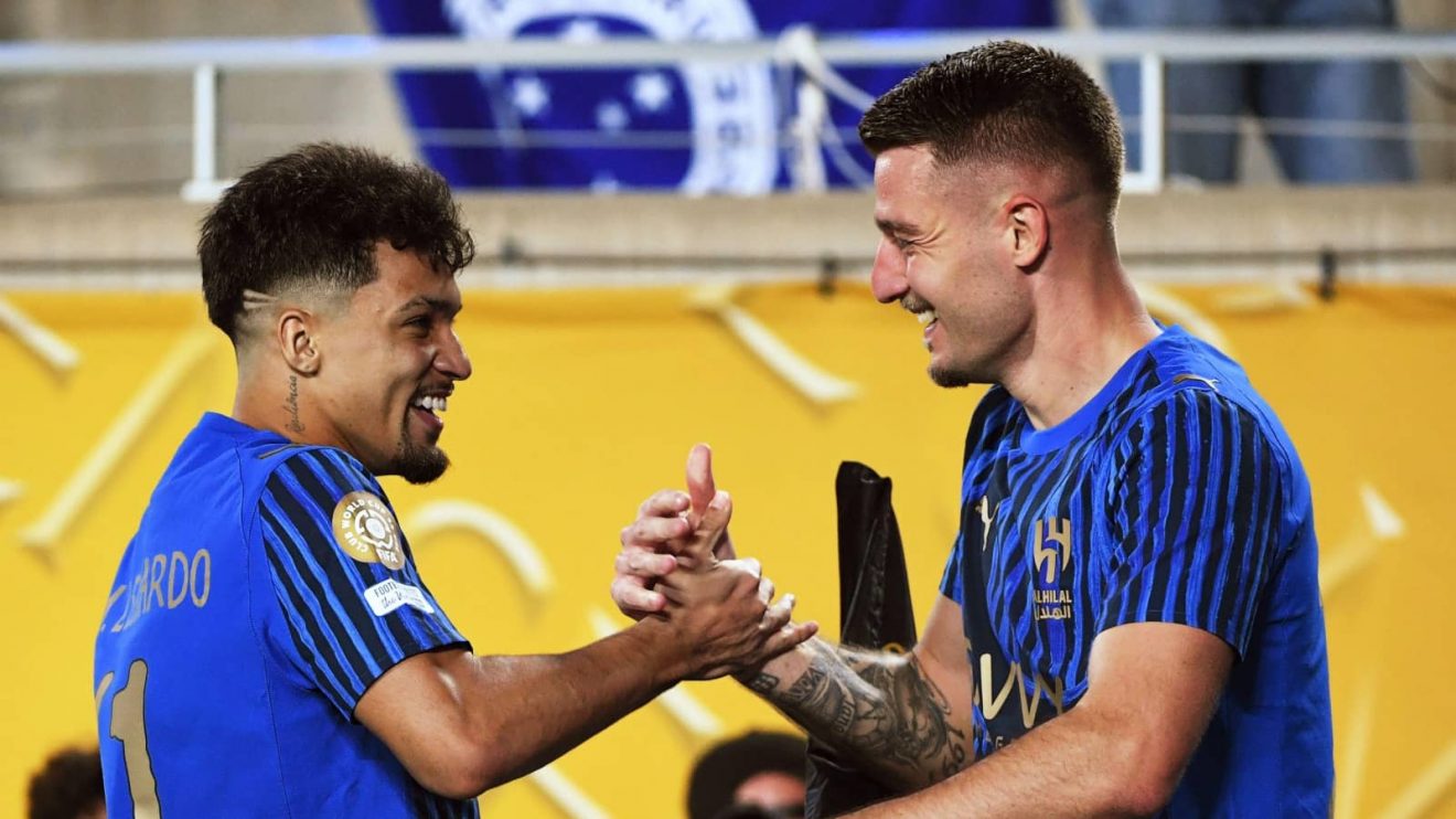 Marcus Leonardo and Sergej Milinkovic-Savic celebrate Al-Hilal goal