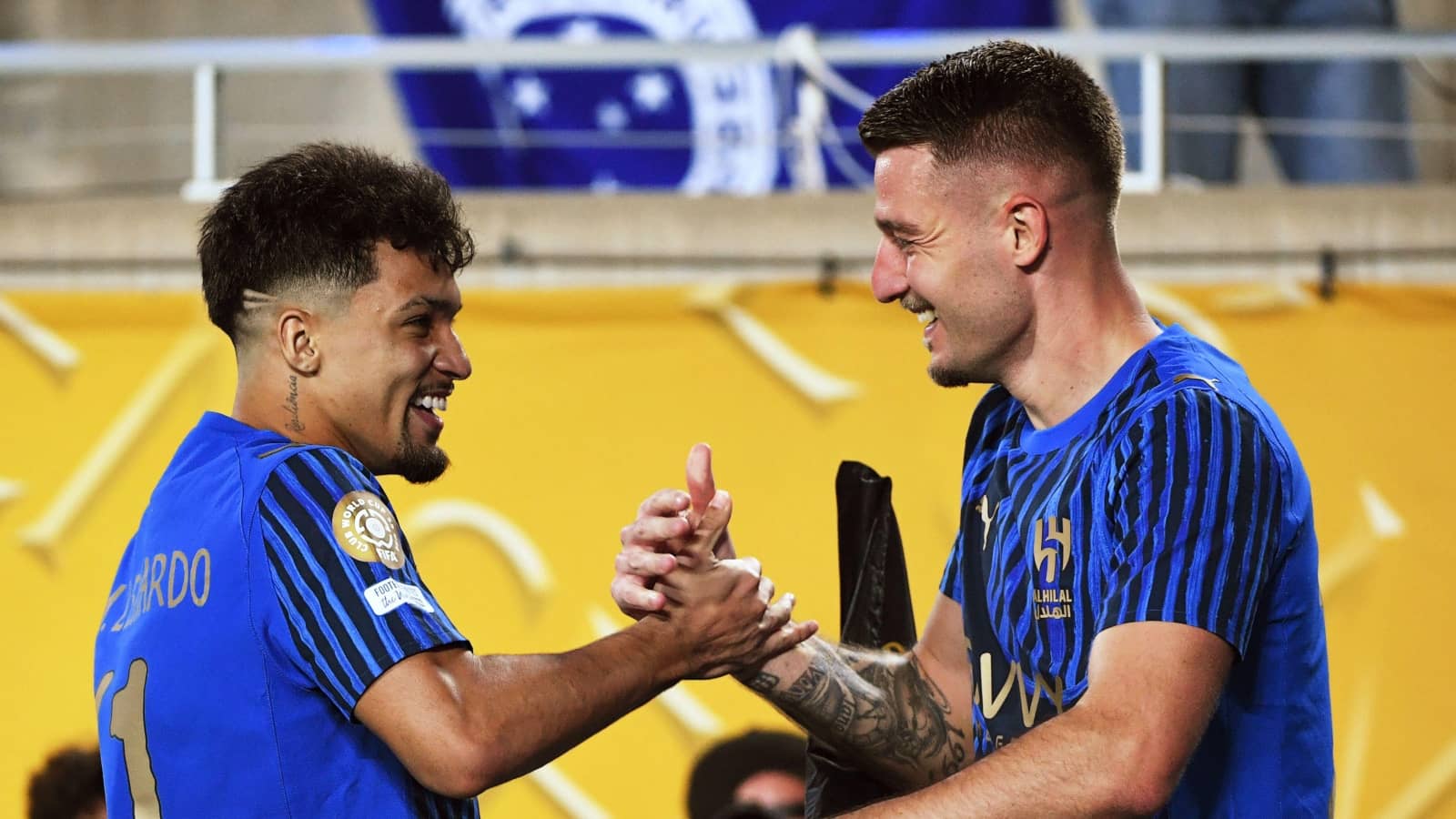 Marcus Leonardo and Sergej Milinkovic-Savic celebrate Al-Hilal goal