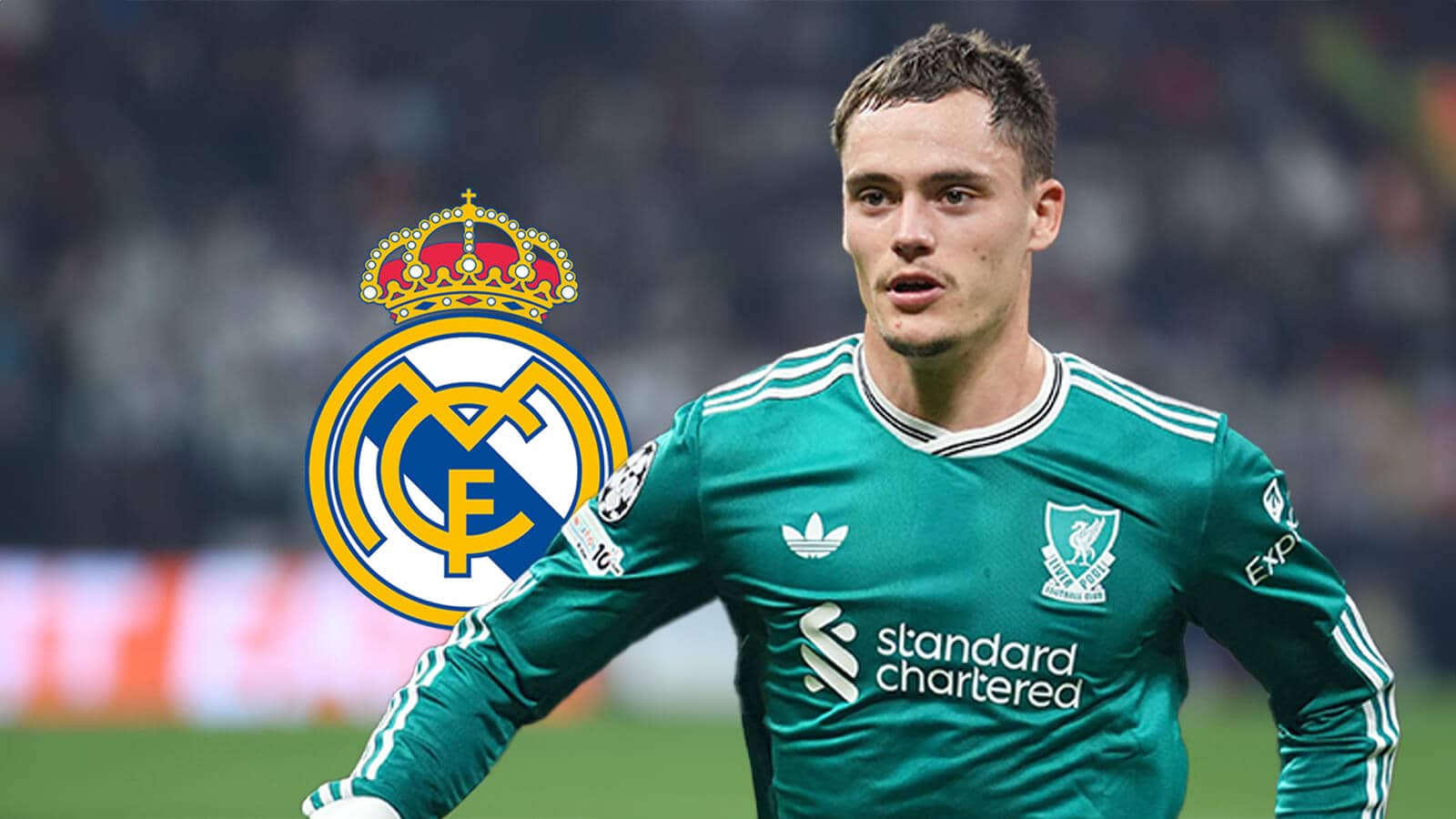 Liverpool star Florian Wirtz alongside the Real Madrid club crest amid fresh transfer links to the Spanish giants