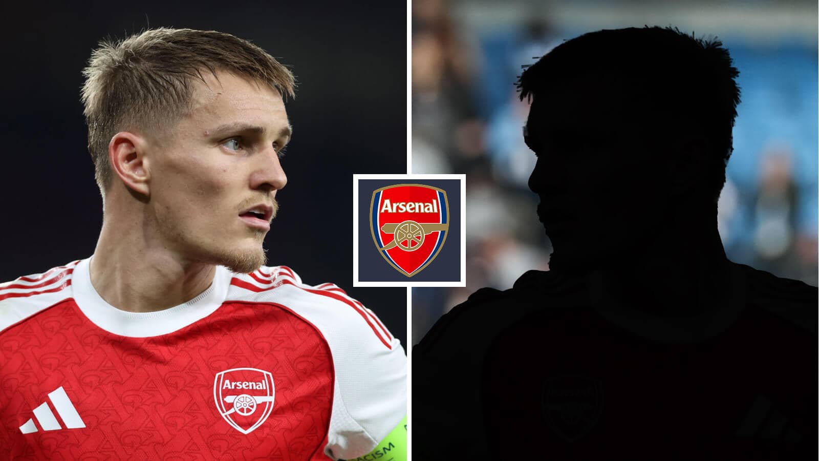 Split image of Martin Odegaard and a shadow with the Arsenal badge between them - copyright TEAMtalk