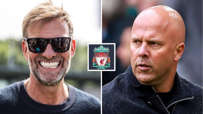 Split image of Former Liverpool manager Jurgen Klopp and current Reds boss Arne Slot with the Liverpool badge between them - copyright TEAMtalk